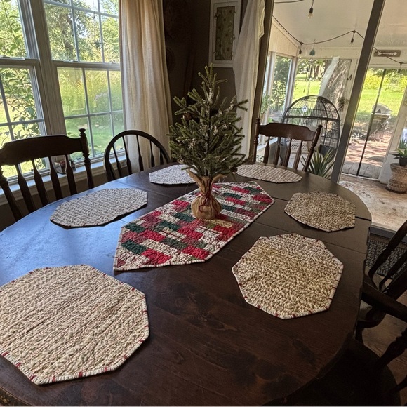 Vtg 50s Handmade Quilted Christmas Patchwork Table Runner & Placemats Farmhouse - Picture 6 of 10